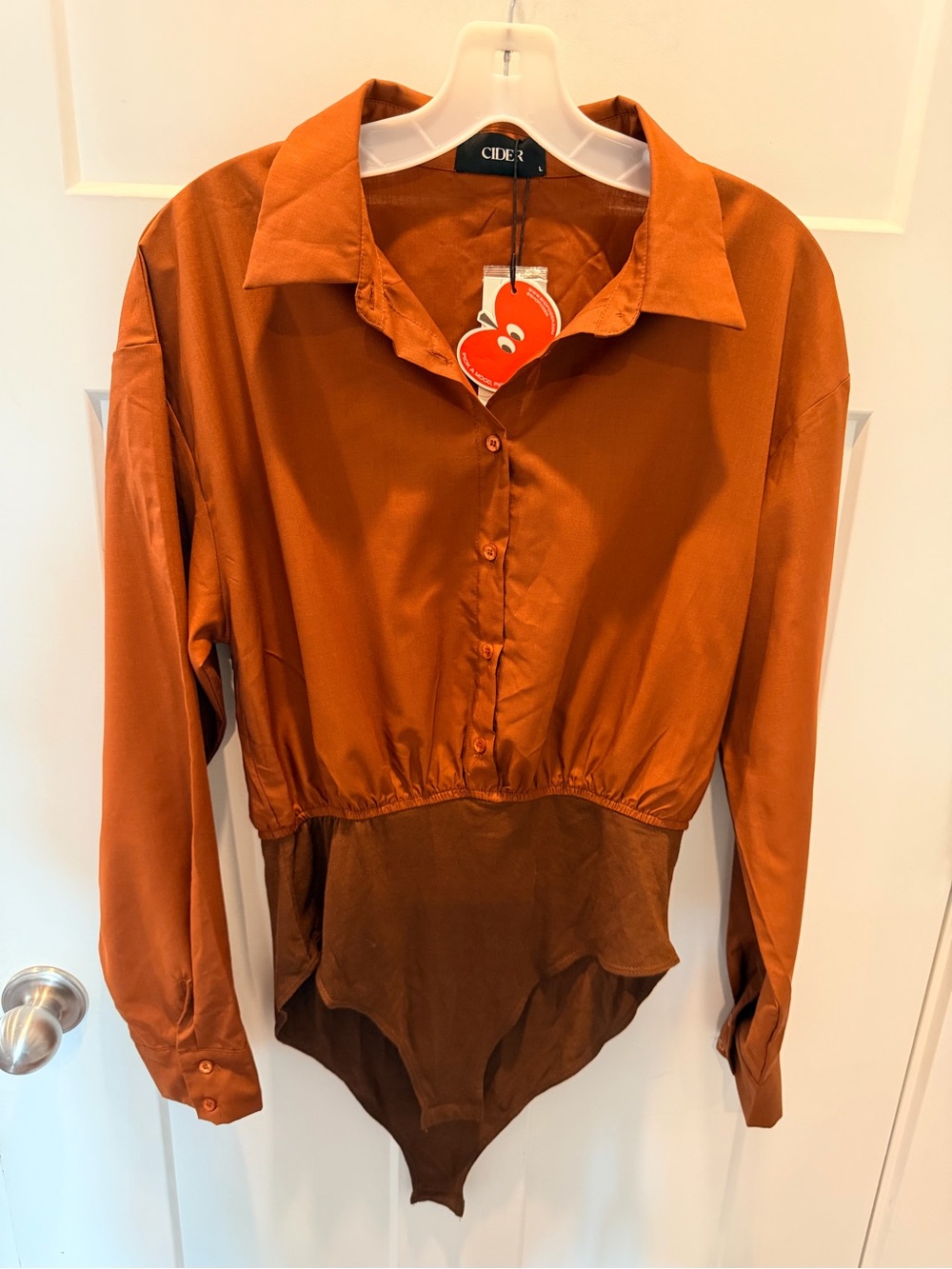 NWT Cider Large Brown Satin Button Front Bodysuit Collared Long Sleeve Blouse